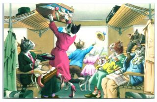 Dressed Cat Family With Luggage On A Train Ride Fantasy Mainzer Postcard