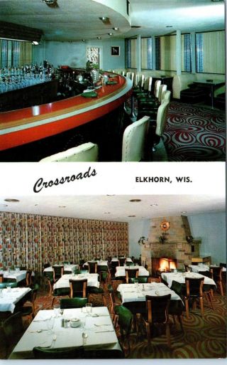 Elkhorn,  Wi Wisconsin Crossroads Bar & Restaurant C1950s Roadside Postcard