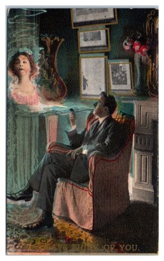 1913 I Always Think Of You,  Fantasy Apparition In Pipe Smoke,  Old Flame Postcard