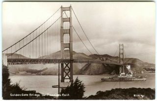 1930s Rppc San Francisco Golden Gate Bridge With Large Ship Real Photo Postcard