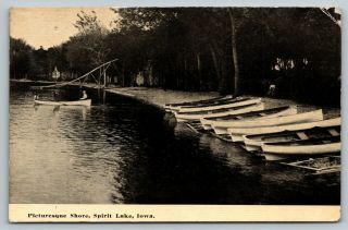 Spirit Lake Iowa Boats On Shore Toboggan Slide Men Rowboat 1913 B&w Postcard