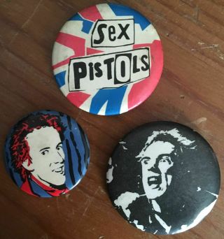 3 Old Sex Pistols Pins Buttons Badges Johnny Rotten Sid Vicious Punk Wave