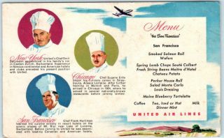 United Airlines Air Lines Menu " The San Francisco " 3 Chefs Ca 1950s Postcard