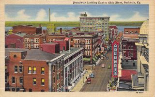 Paducah Kentucky 1946 Linen Postcard Broadway Looking East To Ohio River