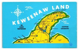 Keweenaw Land Michigan Copper Country Map Postcard 5f28