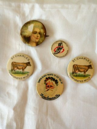 Antique Advertising Pin Back Buttons - All 5 For 1 Price