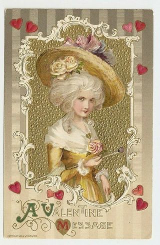 A Valentine Message Woman Wears Large Hat Hearts John Winsch Postcard