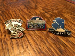 Vintage Alaska Souvenir Pins Travel Set Of 3: Raven,  State,  Inside Passage