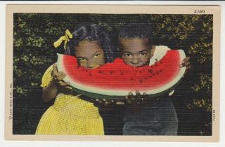 Children Eating Watermelon – Black Americana - 1947 Linen Postcard