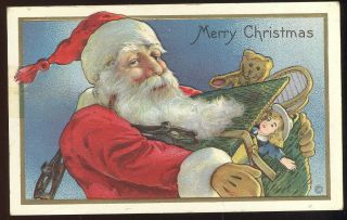 1915 Embossed Merry Christmas Post Card,  Large Santa Claus And Towy