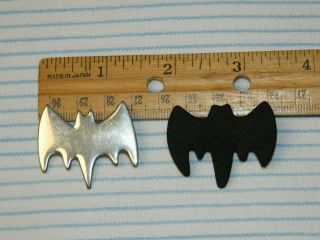 2 Vintage Batman Bat Symbol Pinback Pins Silver Metal Black Foam