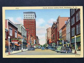 4th Ave,  Old Cars,  Sears,  Montgomery Ward,  Huntington Wv Vintage Linen Postcard