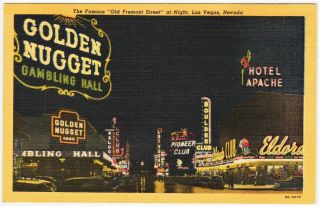 Fremont Street At Night 1940s Linen Las Vegas Hotel Casino Post Card A 67