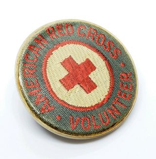 Vintage Wwii American Red Cross " Volunteer " Embroidered Cloth/plastic Pin Button