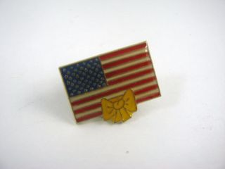 Vintage Collectible Pin: Usa Flag W/ Yellow Bow