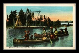 Dr Jim Stamps Us Indians Canoeing Petosky Michigan White Border Postcard