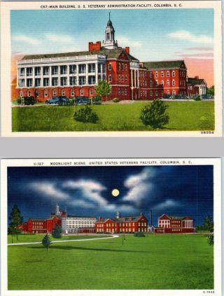Columbia,  South Carolina Sc Night/day U.  S.  Veterans Facility 1940s Postcard