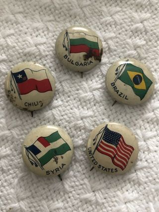 Vintage 5 Flag Pinback Button Pins Rare Usa Chili Bulgaria Syria Brazil