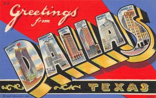 Dallas,  Tx Large Letter Texas Greetings Vintage Linen Postcard Ca 1940s