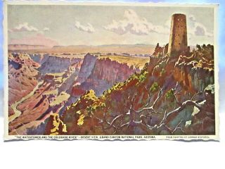 1950 Fred Harvey Postcard Watchtower & Colorado River,  Desert View Grand Canyon
