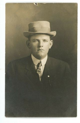Rppc Portrait Of A Dapper Young Man Hat Suit Tie Real Photo Postcard