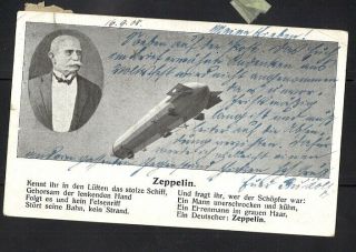1908 Zeppelin Post Card Germany To Us W/ Pic Of Count Zeppelin And Aircraft