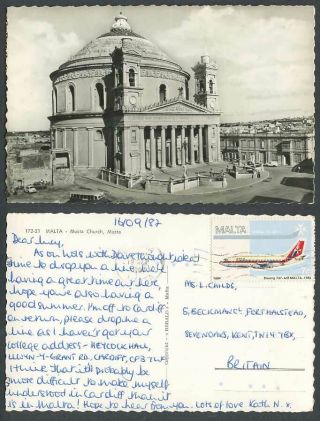 Malta 7c Boeing 737 Airmalta 1984 On 1987 Postcard Musta Church Dom Street Scene