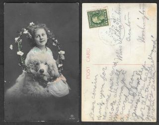 1913 Dog Postcard - Real Photo - Little Girl And Poodle