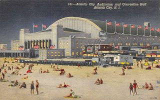 Atlantic City,  Nj Jersey Auditorium Convention Hall Night Beach Postcard