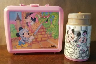 Vintage Disney Mickey & Minnie Mouse Lunchbox Plastic Aladdin & Thermos