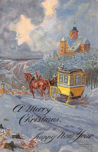 A Merry Christmas Xmas & Happy Year Horse - Drawn Carriage Postcard Ca 1910s