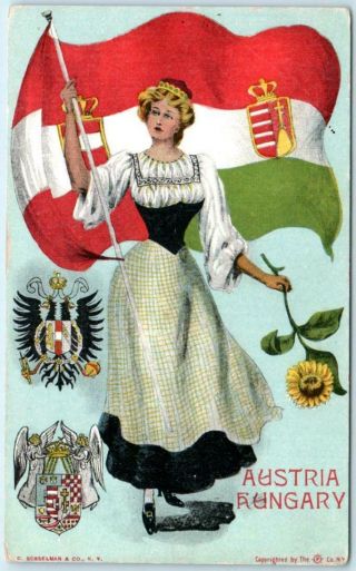 Patriotic Austria Hungary Woman Flag,  Crest,  Coat Of Arms Ca 1910s Postcard