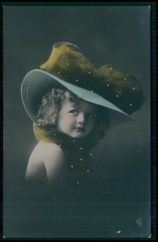 Edwardian Fashion Big Feathers Hat Child Girl Old 1910s Photo Postcard
