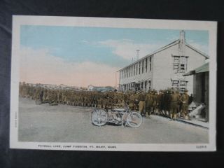 1910s Wwi Era Camp Funston Fort Riley Kansas Payroll Line & Motorcycle Postcard