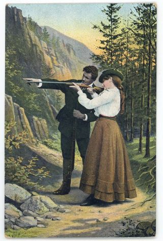 Man And Woman Hunting With Rifle,  Female With Gun,  Vintage Postcard