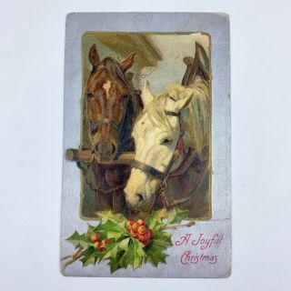 Antique Christmas Horses Postcards Embossed Metallic Silver Winsch Back