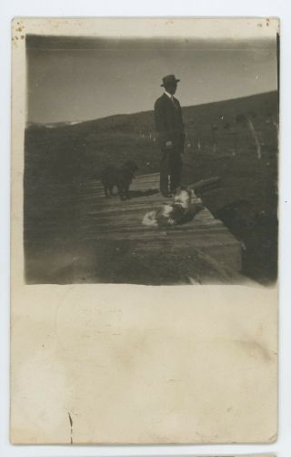 Rppc Man With Two Dogs,  Americana Rural Del Norte Co Vintage Real Photo Postcard