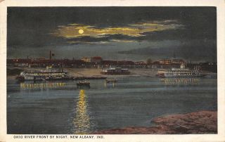 Albany Indiana Ohio River Front Night Lights Steamers Moon Reflects 1930 Pc