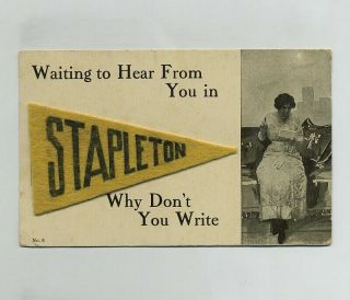 1912 Stapleton Nebraska Felt Pennant Flag Novelty Postcard Gandy Ne Cancel W5984