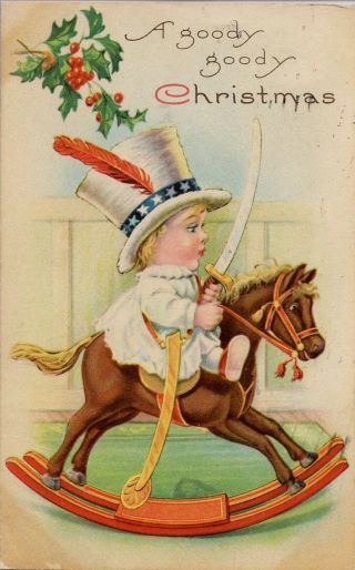 Christmas Picture Post Card,  Young Boy On Rocking Horse With Sword,  Posted 1920