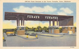Tulsa Oklahoma 1950s Linen Postcard Entrance To Turner Turnpike Toll Booth Cars