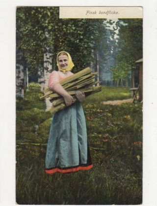 Finsk Bondflicka Sweden Vintage Postcard 189a