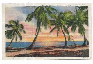 Vintage Florida Linen Postcard Miami Beach Sunrise On The Atlantic Ocean Palms