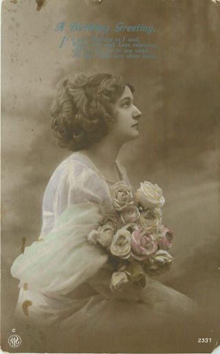 Vintage Colorized Real Photo Postcard Lovely Lady Bouquet Roses London 1912 Rppc