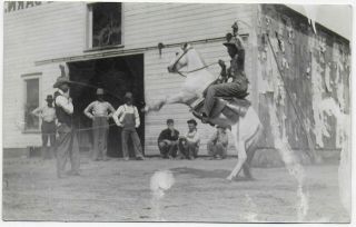 (3831) Old Rppc Amature Rodeo Cowboy On Bucking Bronc By Barn Coats Kansas