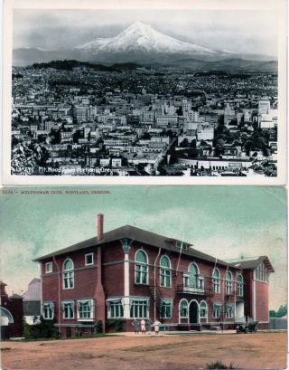 2 Vintage Postcards - Prelinen Multnomah Club / Rppc Aerial View Portland Oregon