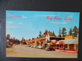1950s Big Bear Lake California Street Scene & Cars Postcard