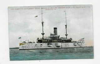 1912 Postcard Navy Ship Uss Texas Bb - 35 Battleship In Norfolk Va R742