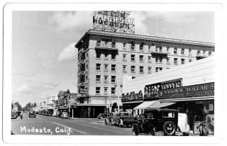Rppc Modesto,  California Vintage Postcard Hotel Hughson Old Cars