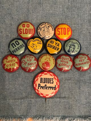 Vintage 1960s Slogan Pins - Im Behind The 8 Ball,  Hi Ya Sucker,  Etc.  13 Pins